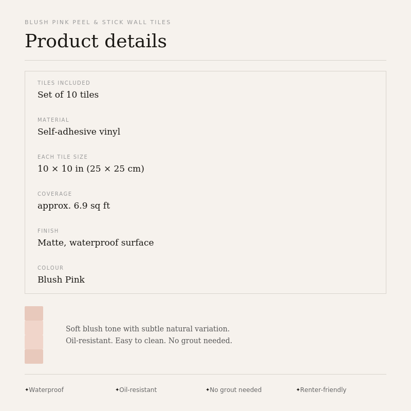 Blush Pink Peel & Stick Wall Tiles — Set of 10